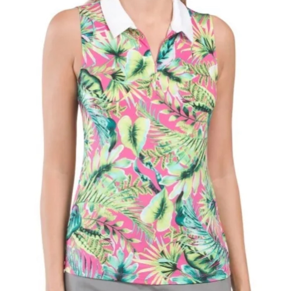 NWT Women’s Tommy Bahama Sleeveless 1/4 Zip Golf Polo Pink Palm Print Sizes L
